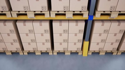 Large metal shelves and pallets with brown cardboard boxes in modern warehouse. Loopable 60 fps animation.