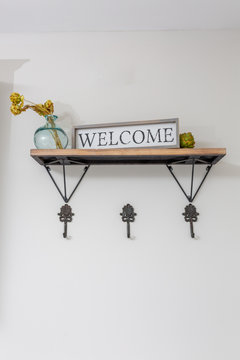 Entryway Decor Of Home, Hooks On Wall, Shelf With Modern Decor