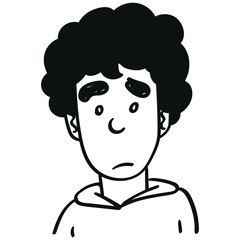 hand-drawn outline boy with black curly-haired head looking sad. doodle, comic, vector.