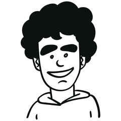 outline comic character who is laughing and happy. black hair. vector, isolated, monochrome.