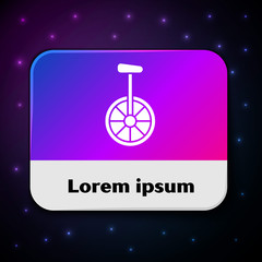 White Unicycle or one wheel bicycle icon isolated on black background. Monowheel bicycle. Rectangle color button. Vector Illustration © Oksana