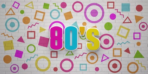 80s Party on Icons brick wall banner. 3D Render Illustration