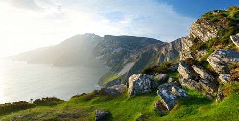 Slieve League, Irelands highest sea cliffs, located in south west Donegal along this magnificent costal driving route. One of the popular stops at Wild Atlantic Way route, Co Donegal, Ireland. © MNStudio