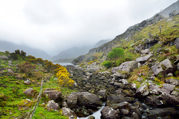 The River Loe and narrow mountain pass road wind through the valley of the Gap of Dunloe, nestled in the Macgillycuddy's Reeks mountains, County Kerry, Ireland