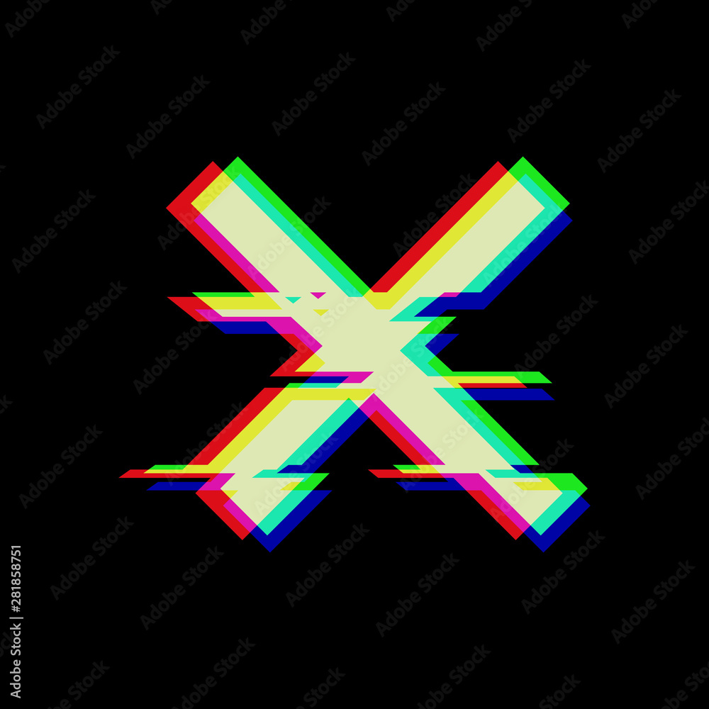 Fototapete Vector symbol of cross in glitch style. Geometric glitched Icon isolated on black background. Modern digital pixel distorted design. Television video error shape. Creative template