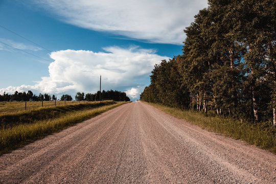 Gravel Ridge Road In Red Deer Country, Alberta, Canada. Deserted, Nobody Around, Open Country