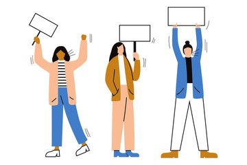 Set of female activists or protesters. Set of protesting people holding banners and placards. Women taking part in a meeting, parade, protest or rally. Flat vector illustration with space for text