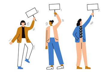 Set of female activists or protesters. Set of protesting people holding banners and placards. Women taking part in a meeting, parade, protest or rally. Flat vector illustration with space for text