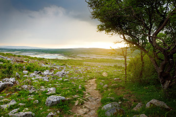 Fototapeta na wymiar Spectacular landscape of the Burren region of County Clare, Ireland. Exposed karst limestone bedrock at the Burren National Park.