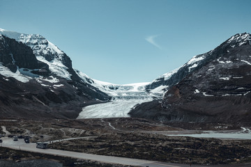 Road trip in the Canadian Rocky Mountains; Banff and Jasper National park, mountains, lakes, glaciers, forests. Nature rules. Columbia Ice Park and Athabasca Glacier