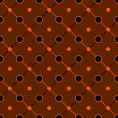 Seamless vector pattern with black and orange dots on diagonal lines. Geometric ornament.