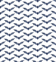 Seamless bat pattern for Halloween on white watercolor background. Decoration for the autumn holiday. Mystical, fabulous, fun style. Bright background for packaging, textiles,
