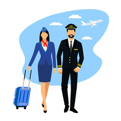 Illustration of stewardess dressed in blue uniform. Flight attendant and a pilot isolated on a white background. vector illustration