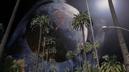 Large moon above palm tree boulevard in a futuristic world
