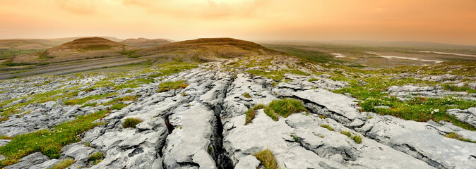 Spectacular landscape of the Burren region of County Clare, Ireland. Exposed karst limestone bedrock at the Burren National Park. - obrazy, fototapety, plakaty