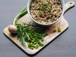 Green onions, spicy herb arugula, raw minced meat in a plate on the original Board. Delicious and simple recipe for juicy filling for hamburgers, cutlets, pies, rolls, pita, casserole, burger, chop.