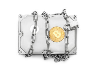 Fototapeta na wymiar Coin of bitcoin with wrapped HDD by chain with padlock on white. Bitcoin protection concept.