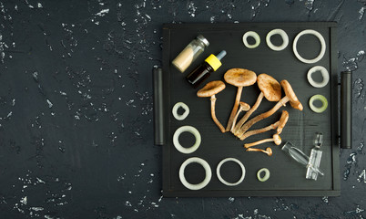 Fresh mushrooms, spices and medication on a black board. View from above. Copy space
