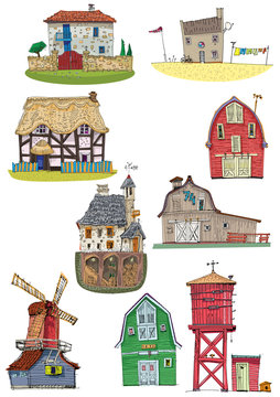 Set of different rural buildings. Typical village architecture. Cartoon. Caricature.