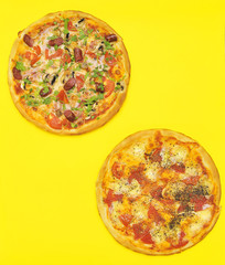 Delicious pizza on yellow background.