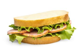 Sandwich with sausage and green lettuce on white.