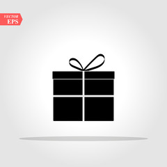 Black gift box with white ribbon and bow isolated on white background. Vector illustration.