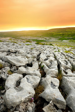 Spectacular landscape of the Burren region of County Clare, Ireland. Exposed karst limestone bedrock at the Burren National Park.