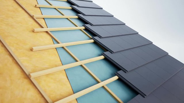 Technical cutaway of roof construction, constructive and technological layers, dark grey tiles. 60 fps animation.
