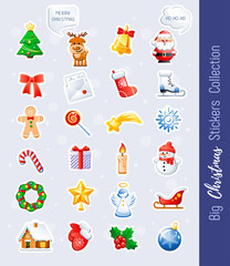 Big Christmas Stickers Collection. Cute cartoon characters and holidays elements. Vector illustration without transparency.
