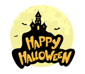 Happy Halloween handwritten text. Volumetric and fantasy inscriptions with a vampire castle and bats on the background of the moon. Vector isolates on a white background.