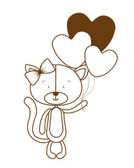 silhouette of cat with helium balloons on white background