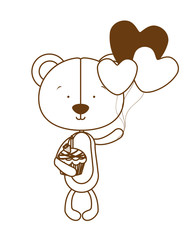 silhouette of cute bear with helium balloons and cake