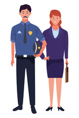 Professionals workers couple smiling cartoons