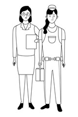 Professionals workers couple smiling cartoons in black and white