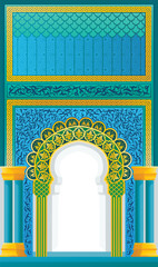 Middle eastern door arches design in gold and blue vector illustration