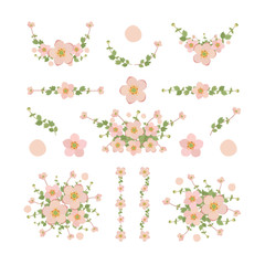 Isolated pink botanical flower elements with branch and leaves. Vector wreath bouquet and decorative object. Set of blooming floral material for graphic design.