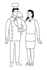 Professionals workers couple smiling cartoons in black and white