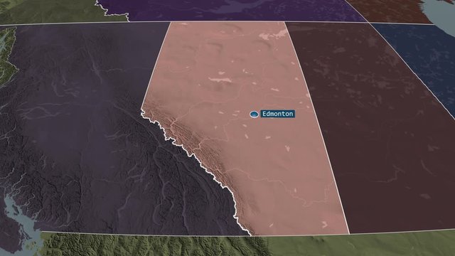 Alberta - province of Canada with its capital zoomed on the administrative map of the globe. Animation 3D