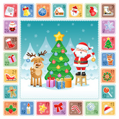 Obraz na płótnie Canvas Christmas Advent Calendar with cute Santa Claus, Deer and Christmas decorations. Vector illustration. Flat design without transparency.