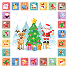 Christmas Countdown Advent Calendar with Christmas decorative icons, funny Santa Claus and a Deer. Vector illustration without transparency.