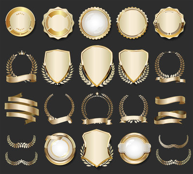 Golden shields laurel wreaths and badges vector collection