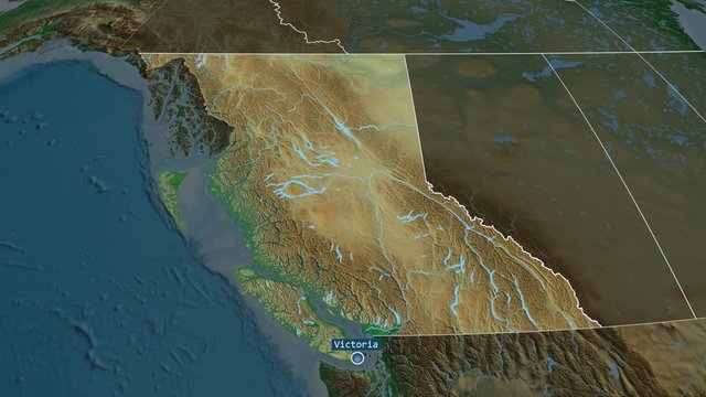 British Columbia - province of Canada with its capital zoomed on the physical map of the globe. Animation 3D