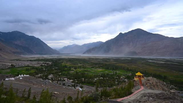 View of Diskit town in overcast day in Ladakh, India
