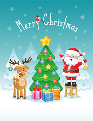 Merry Christmas. Greeting card with cute Santa Claus and Deer. Vector illustration without transparency.