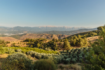 Mountains and valley panorama in the morning near Kemer, Kumluca, Turkey