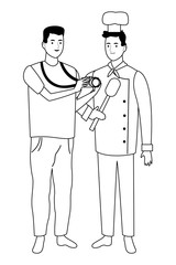 Professionals workers couple smiling cartoons in black and white