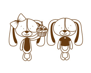 silhouette of cute couple of puppies on white background