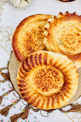 Fresh tasty fragrant handmade buns close-up. Homemade baking