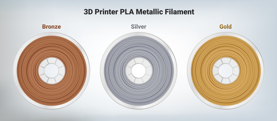 Vector set of illustrations of special glittering composite pla or abs copper bronze, silver and gold filament for 3D printing wounded on the spool. Plastic silver special material for a 3D printer. - obrazy, fototapety, plakaty