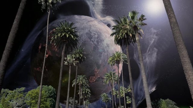 Driving Beverly Hills boulevard with a large rotating planet in the sky.